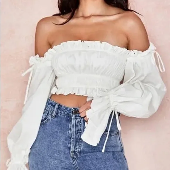 House of CB Tula (White Ruched Off Shoulder Top) - Picture 3 of 4